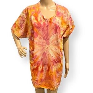 Tie dye vneck tshirt 2XL starburst galaxy in pink,orange, gold gravity dye